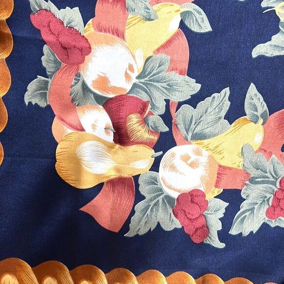 Silk Satin Navy Blue Square Scarf Fruits and Golden Leaves Print - Picture 4 of 10